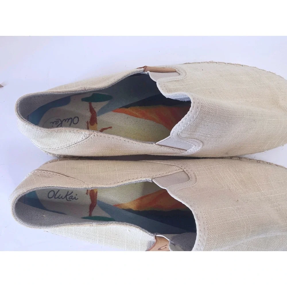 OluKai Kaula Pa'a Kapa Linen Espadrille Slip On Shoe Beige Tan 10M